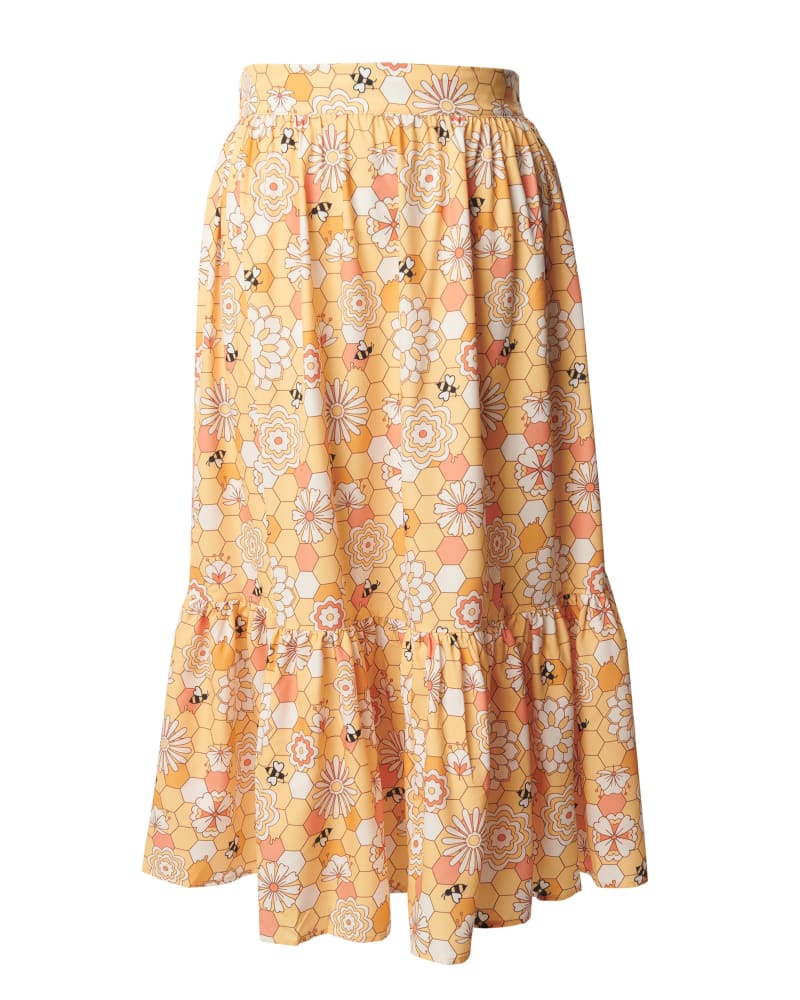 Front of a size 5X Unique Vintage Yellow Bee Print Tiered Midi Skirt in Yellow by Unique Vintage. | dia_product_style_image_id:298506